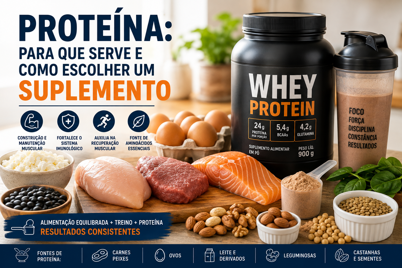 Proteína, alimentos ricos em proteínas e suplemento proteico